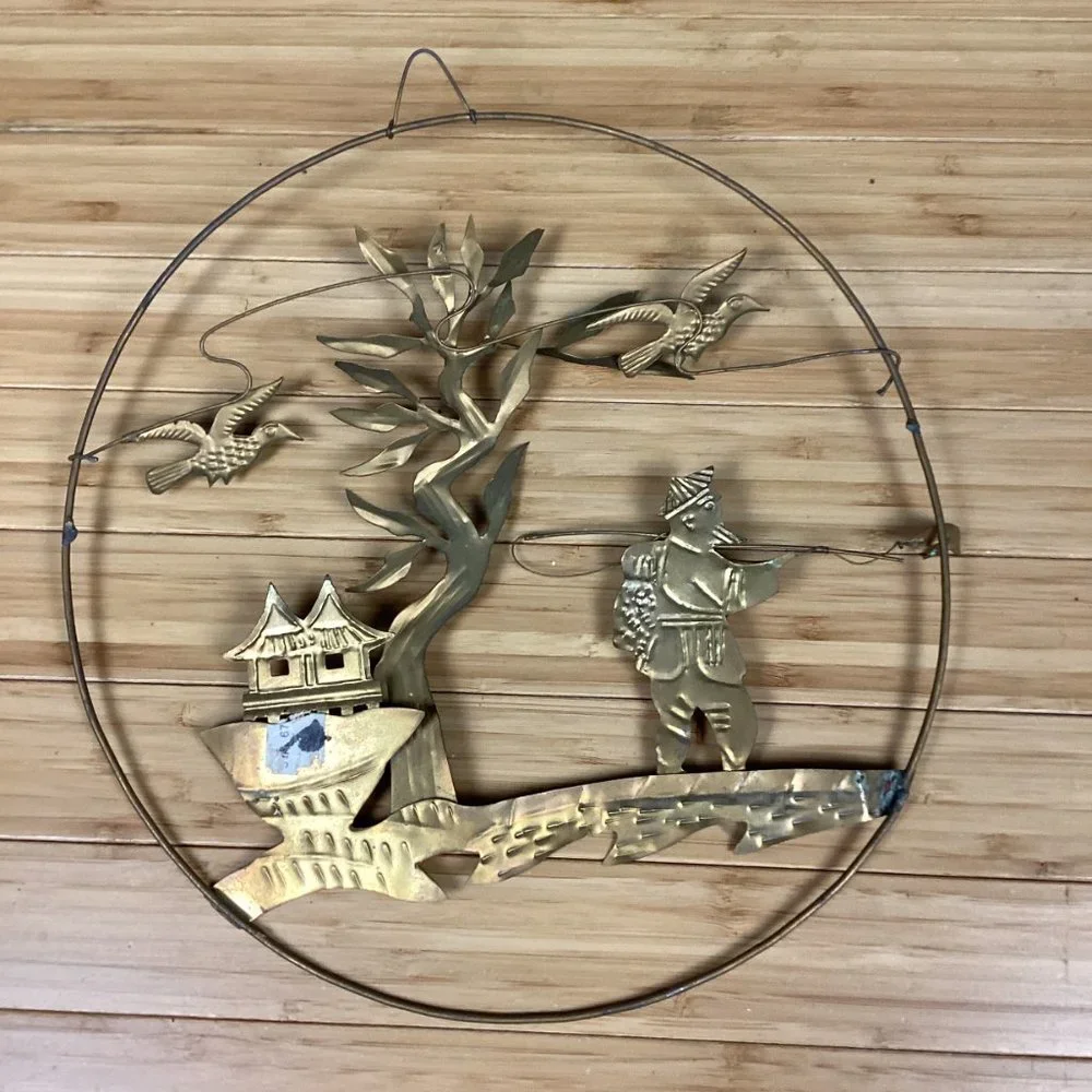 Vintage Metal Asian Folk Art Wall Hangings Set (4)
